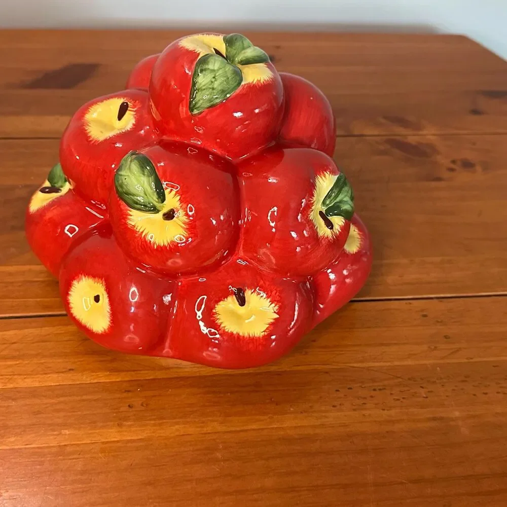 Vintage Big Apple Basket Ceramic Cookie Jar 3D Red Fruit Figural Canister READ